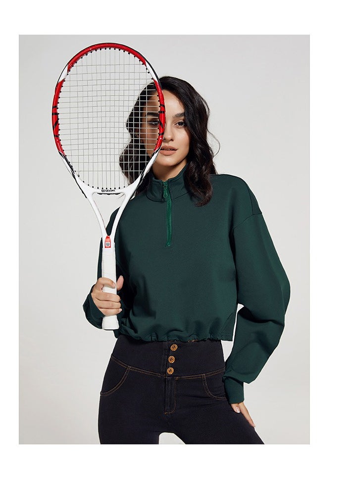 NIBEMINENT Fashion Stand Collar Fitness Hoodie Women Loose Zipper Drawstring Long Sleeve Yoga Dress Top T-shirt  - Image 3