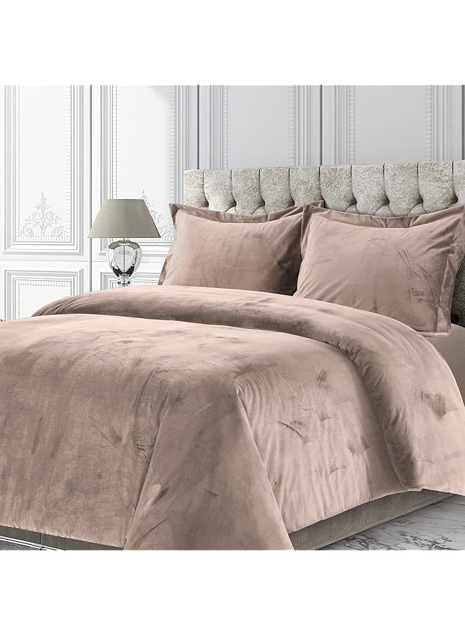 erorex Venice Velvet Oversized Solid Duvet Set Queen Taupe - Image 1