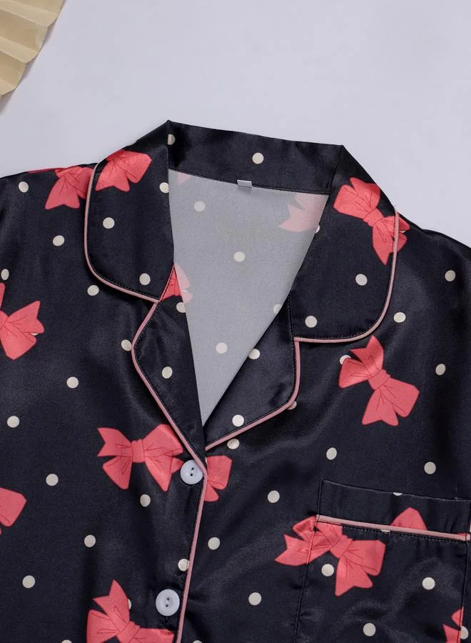 Take Two Black Bow Print Shirt and Shorts Pajama Set