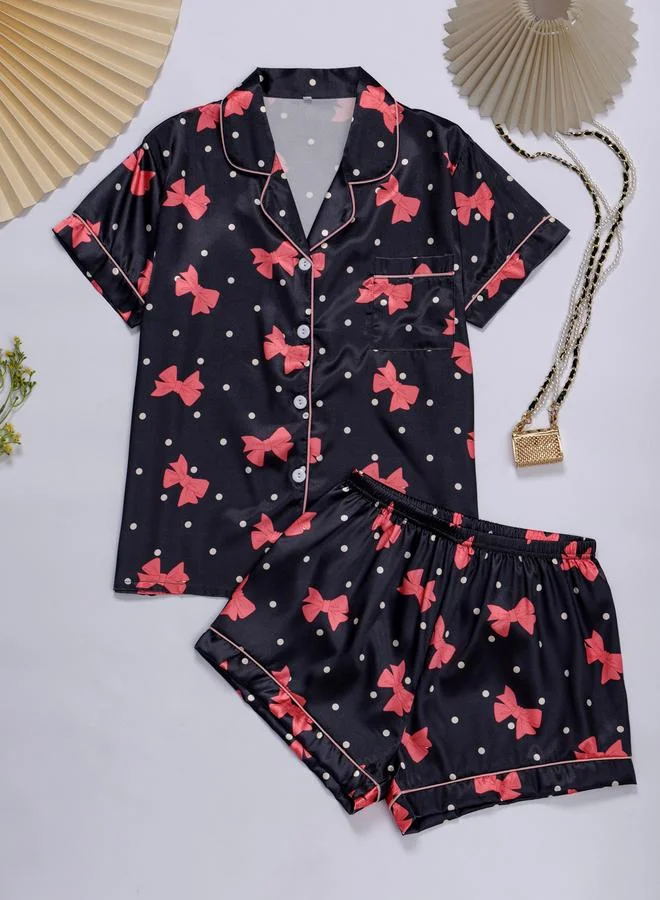 Take Two Black Bow Print Shirt and Shorts Pajama Set