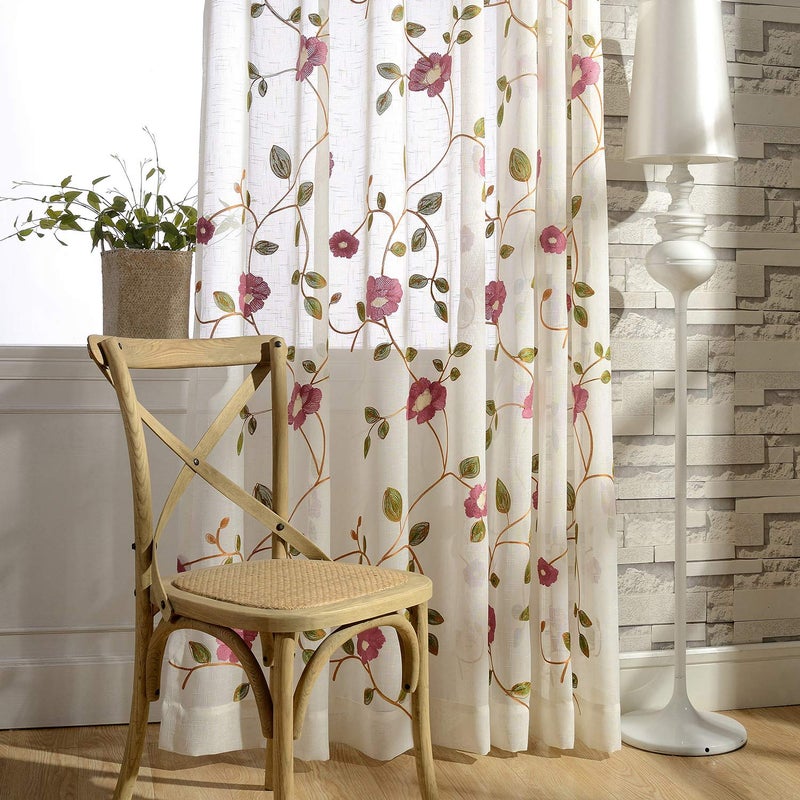 VOGOL Light Filtering Sheer Curtains 96 Inches Long Pale Violet Red Floral Leaves Embroidered Voile Rod Pocket Drapes for Living Room Bedroom W52 X L96 2 Pieces