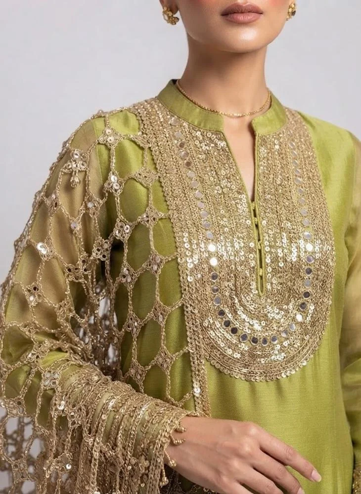 Viny VINY Olive Mirror Work Embellished Anarkali Dress with Dupatta – Women's Indian Ethnic Wear