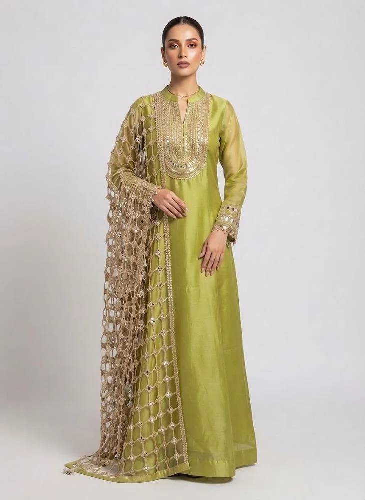 Viny VINY Olive Mirror Work Embellished Anarkali Dress with Dupatta – Women's Indian Ethnic Wear