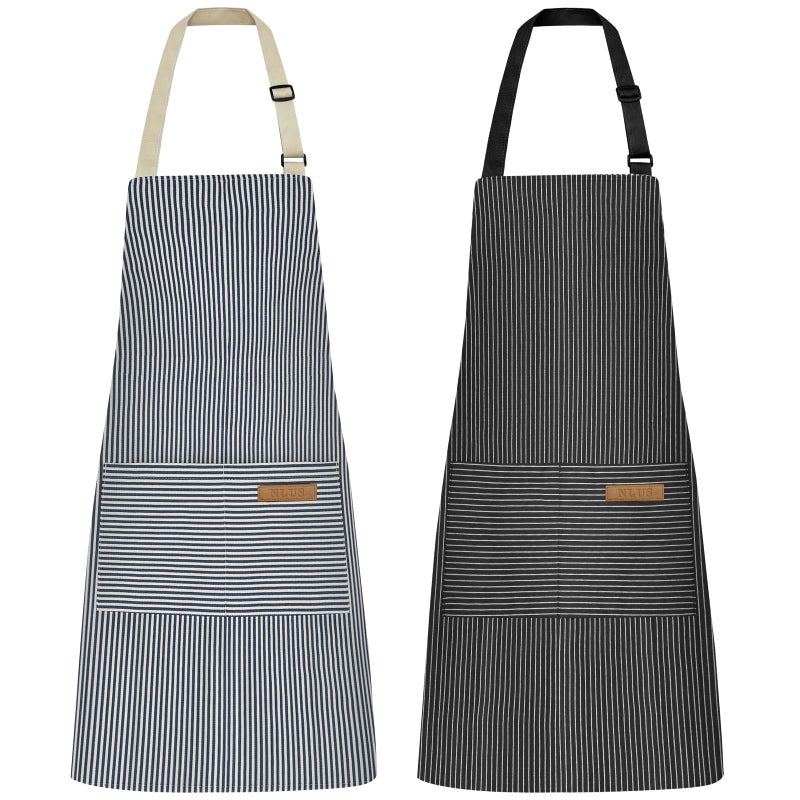 NLUS 2 Pcs Kitchen Cooking Aprons PolyCotton Blend Adjustable Soft Bib Stripe Aprons with 2 Pockets for Women Men Chef Blue PinstripesBlack Pinstripes