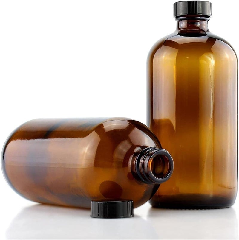 FUFU Amber Glass Bottles - 250ml Amber Glass Boston Round Bottles for Essential Oil Blends Bathroom Shampoo Lotion Container Lab Reagent Bottles with Lid 2 Pcs (500ML) - Image 3