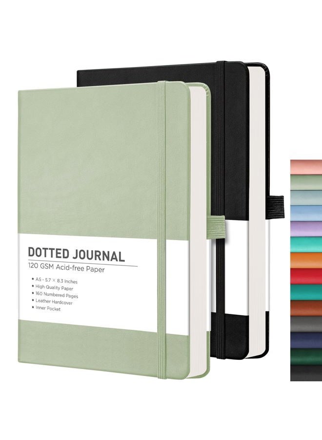 RETTACY Bullet Dotted Journal 2 Pack - A5 Dotted Grid Journal Notebook with 160 Numbered Pages per Pack, 120 GSM Acid-Free Paper, Leather Hardcover, Inner Pocket, 5.7'' × 8.3'' (Black & Light Green) - Image 1