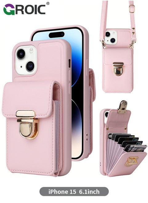 Compatible with iPhone 15 6.1 Inch Phone Case with Leather Cross-Body Strap and Flip Button Wallet Holder Case, PU Detachable Crossbody Lanyard Strap Flip Card Cover for iPhone 15