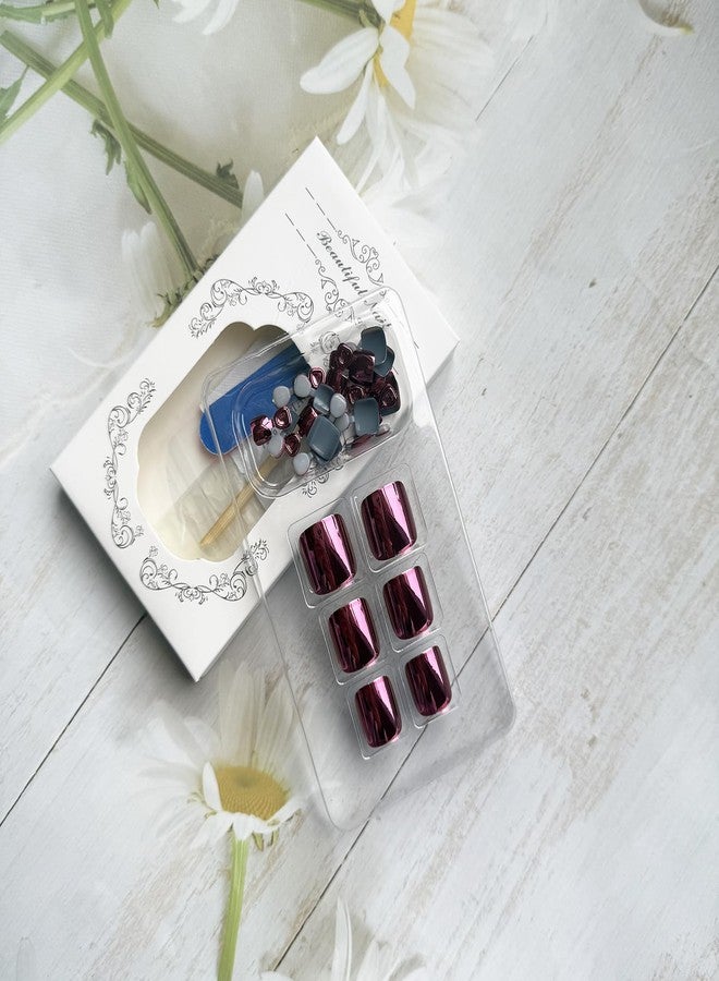 UCCASA Chrome Press on Toe Nails Short Square Fake Toe Nails Rose Red False Toe Nails Glossy Glue on Toenails Full Cover Acrylic Press on Toenails Cool Summer Stick on Nails for Women 24 PCS - Image 2