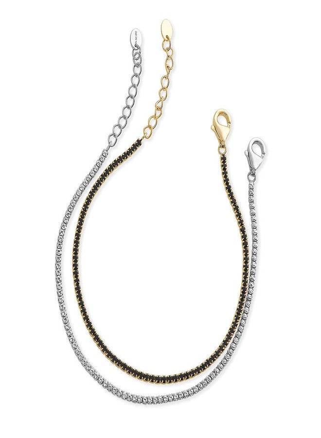 بيركيل سوار تنس أنيق من الفضة الإسترلينية عيار 925 مرصع بالزركونيا المكعبة السوداء المستديرة من بيريكل، مطلي بالروديوم ومطلي بالذهب الأصفر، طقم من قطعتين، طوله 7 بوصات. - Image 1