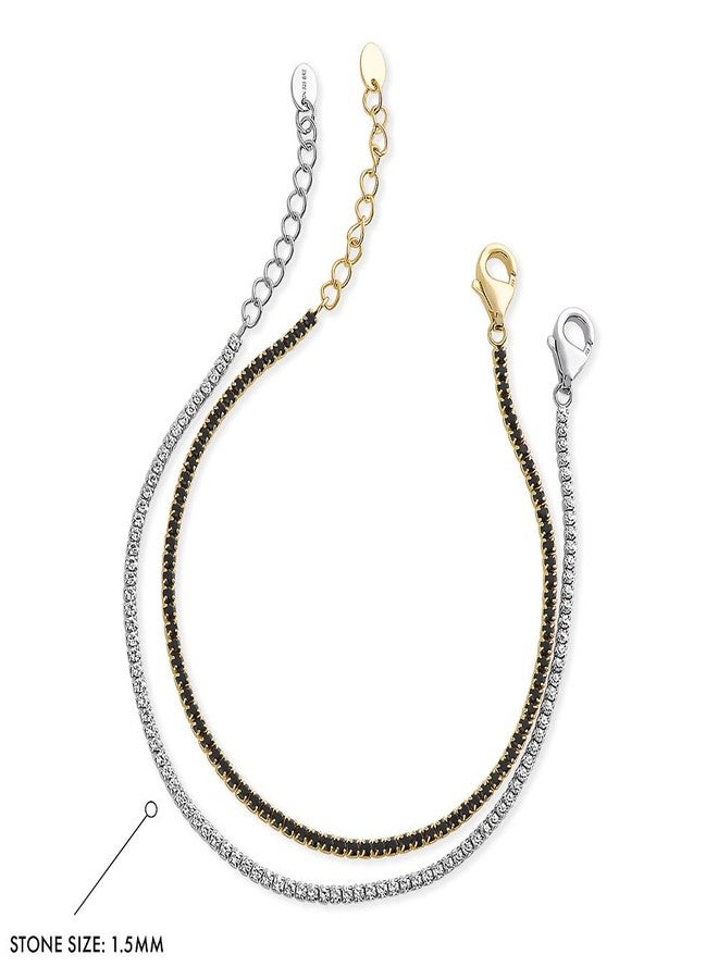 بيركيل سوار تنس أنيق من الفضة الإسترلينية عيار 925 مرصع بالزركونيا المكعبة السوداء المستديرة من بيريكل، مطلي بالروديوم ومطلي بالذهب الأصفر، طقم من قطعتين، طوله 7 بوصات. - Image 2