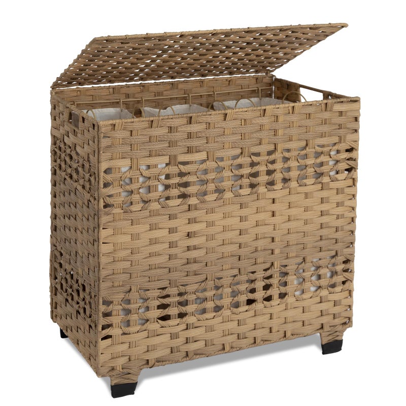 OIAHOMY Laundry Hamper with Lid, 140L Clothes Hamper with 3 Removable Liner Bags, Foldable Basket with Lid, Synthetic Wicker Laundry Basket for Bedroom, 27x 13 x 26 Inches, Yellow - Image 1