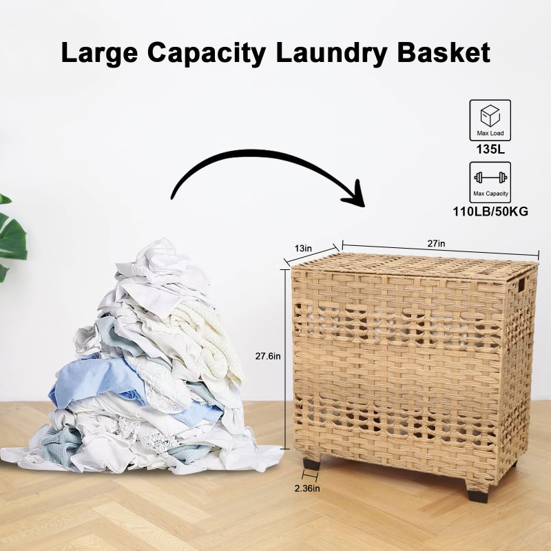 OIAHOMY Laundry Hamper with Lid, 140L Clothes Hamper with 3 Removable Liner Bags, Foldable Basket with Lid, Synthetic Wicker Laundry Basket for Bedroom, 27x 13 x 26 Inches, Yellow - Image 3