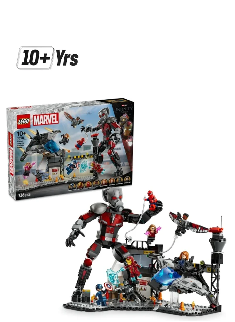 ليغو Marvel Captain America: Civil War Action Battle - Super Heroes Building Toy with 8 Minifigures incl. Iron Man, Spider-Man & Black Panther - Gift for 10+ Year Old Boys, Girls and Fans 76314 (736 pieces)