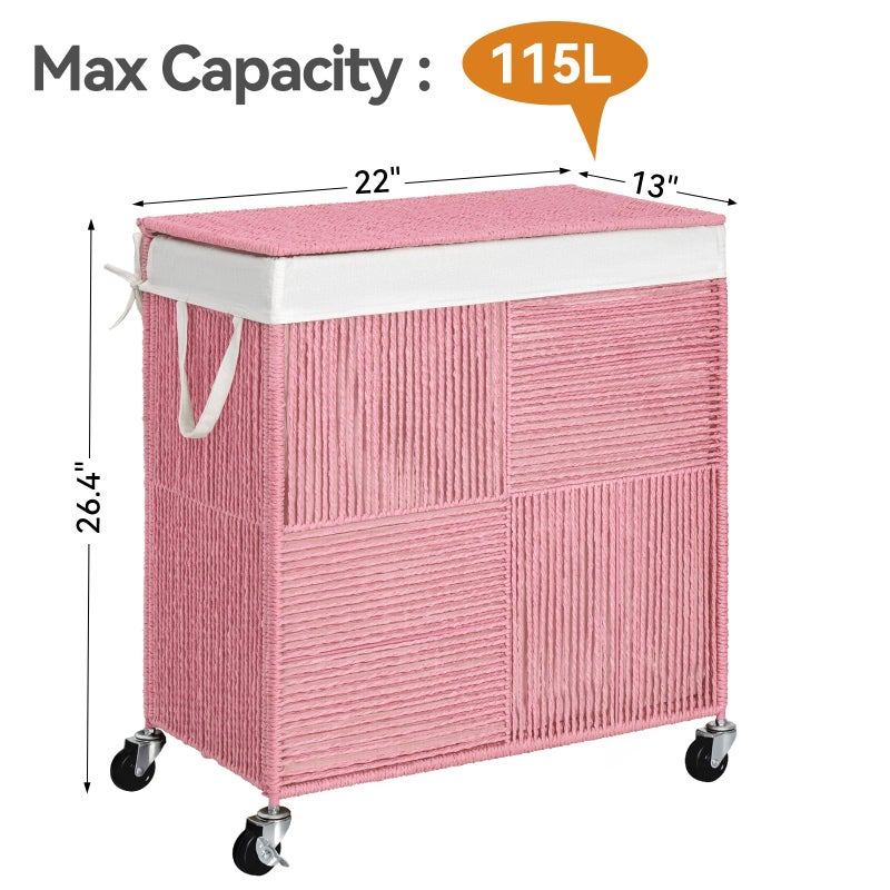 WOWLIVE Double Laundry Hamper with Lid, Handwoven Rolling Laundry Basket with Wheels, 115L Dirty Clothes Hamper with Removable Liner Bag Large Capacity Laundry Sorter Laundry Room Organization,Pink - Image 4