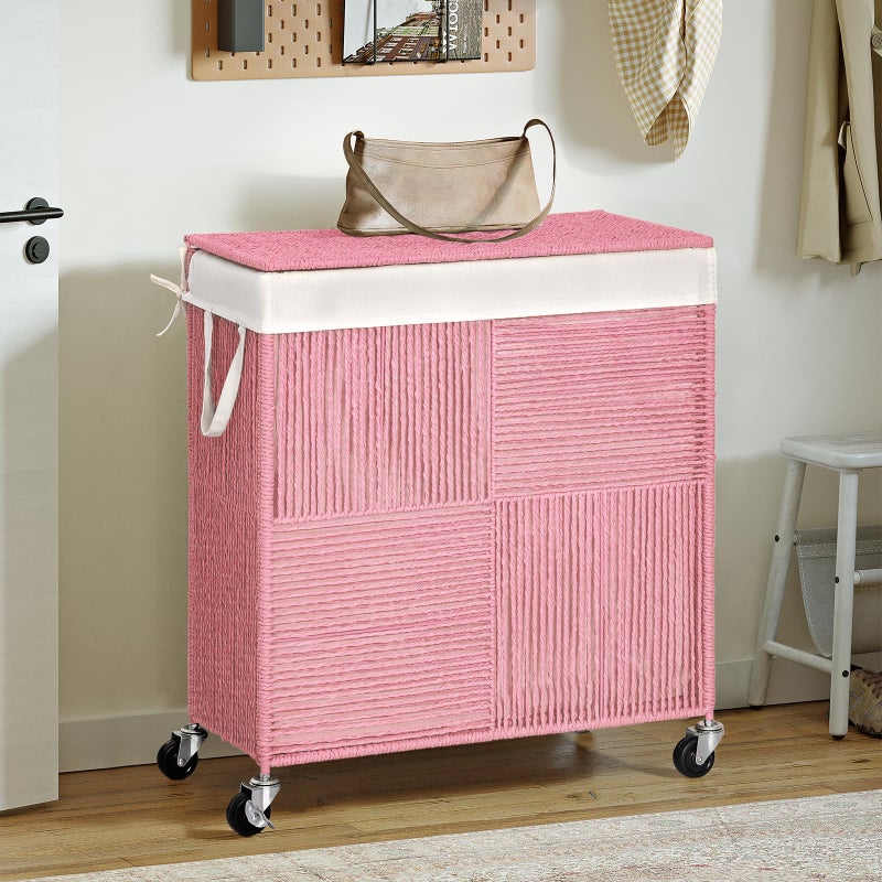 WOWLIVE Double Laundry Hamper with Lid, Handwoven Rolling Laundry Basket with Wheels, 115L Dirty Clothes Hamper with Removable Liner Bag Large Capacity Laundry Sorter Laundry Room Organization,Pink - Image 3