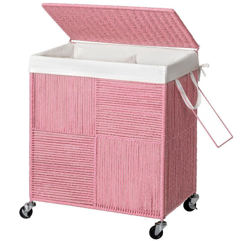 WOWLIVE Double Laundry Hamper with Lid, Handwoven Rolling Laundry Basket with Wheels, 115L Dirty Clothes Hamper with Removable Liner Bag Large Capacity Laundry Sorter Laundry Room Organization,Pink - Image 1