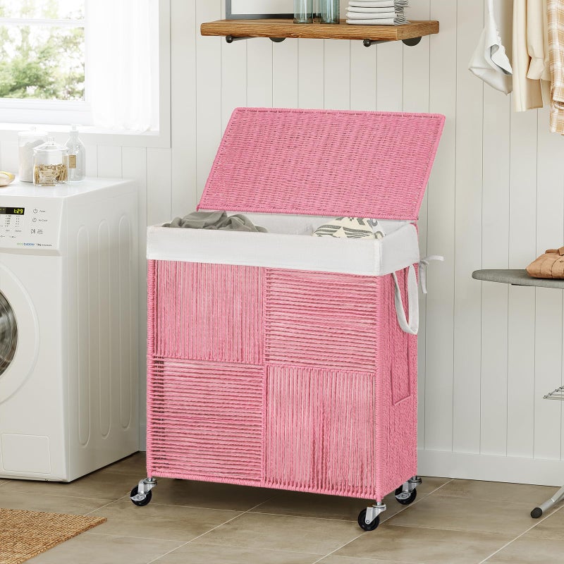 WOWLIVE Double Laundry Hamper with Lid, Handwoven Rolling Laundry Basket with Wheels, 115L Dirty Clothes Hamper with Removable Liner Bag Large Capacity Laundry Sorter Laundry Room Organization,Pink - Image 2