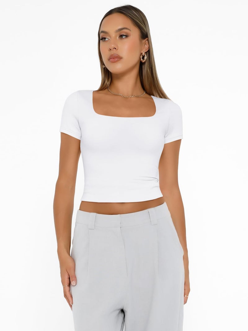 AUTOMET Double Lined Short Sleeve Crop Top for Women Scoop Neck Fitted Tight Tee Shirt Cute Summer Teen Going Out Workout Gym White M - Image 5