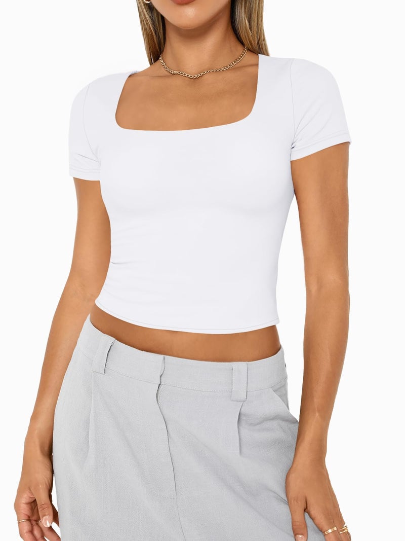 AUTOMET Double Lined Short Sleeve Crop Top for Women Scoop Neck Fitted Tight Tee Shirt Cute Summer Teen Going Out Workout Gym White M - Image 2
