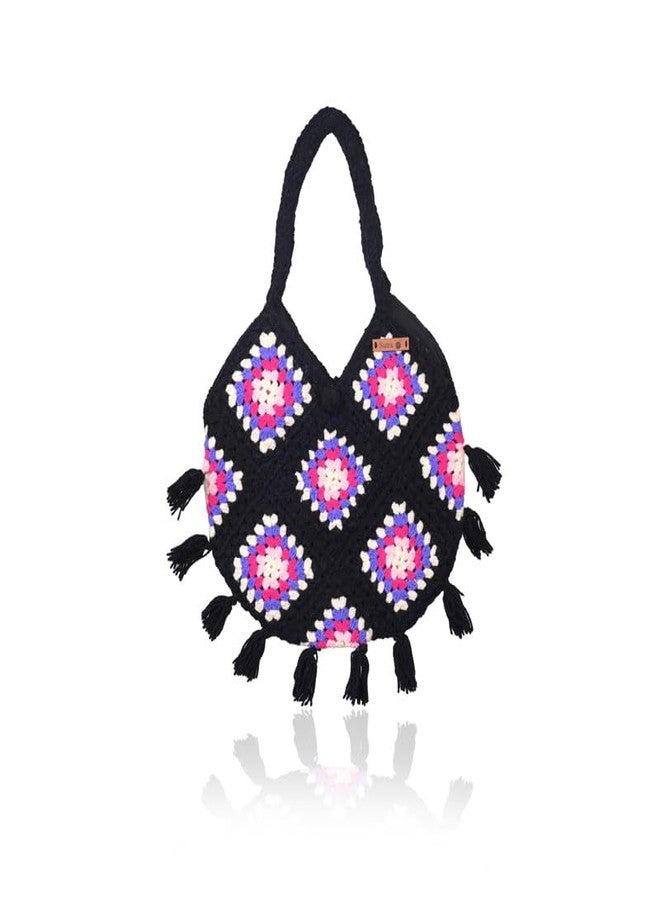 Sutra Handmade Wool Crochet Black Patchwork Bag | Boho Shoulder Purse | Eco-Friendly Reusable Tote Bag | Summer Beach Handbag for Women Girls - Image 1