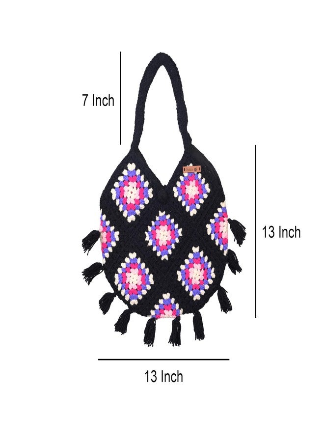 Sutra Handmade Wool Crochet Black Patchwork Bag | Boho Shoulder Purse | Eco-Friendly Reusable Tote Bag | Summer Beach Handbag for Women Girls - Image 2