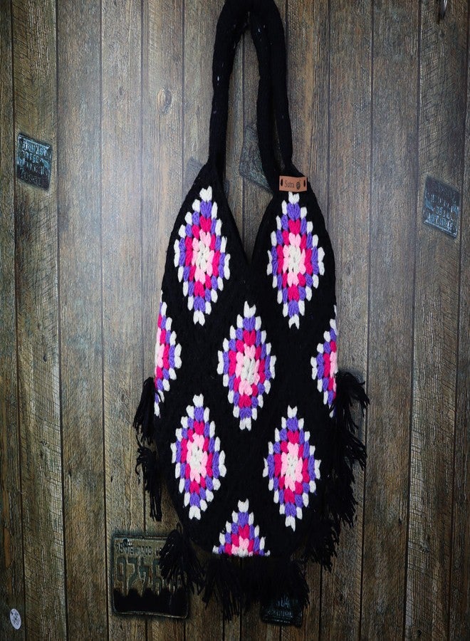 Sutra Handmade Wool Crochet Black Patchwork Bag | Boho Shoulder Purse | Eco-Friendly Reusable Tote Bag | Summer Beach Handbag for Women Girls - Image 3