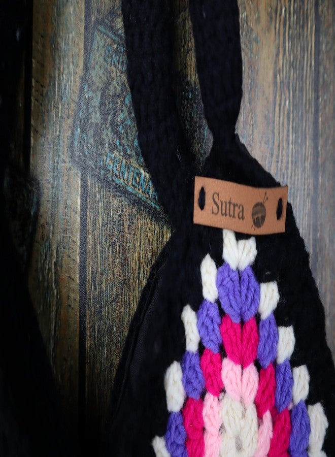 Sutra Handmade Wool Crochet Black Patchwork Bag | Boho Shoulder Purse | Eco-Friendly Reusable Tote Bag | Summer Beach Handbag for Women Girls - Image 5