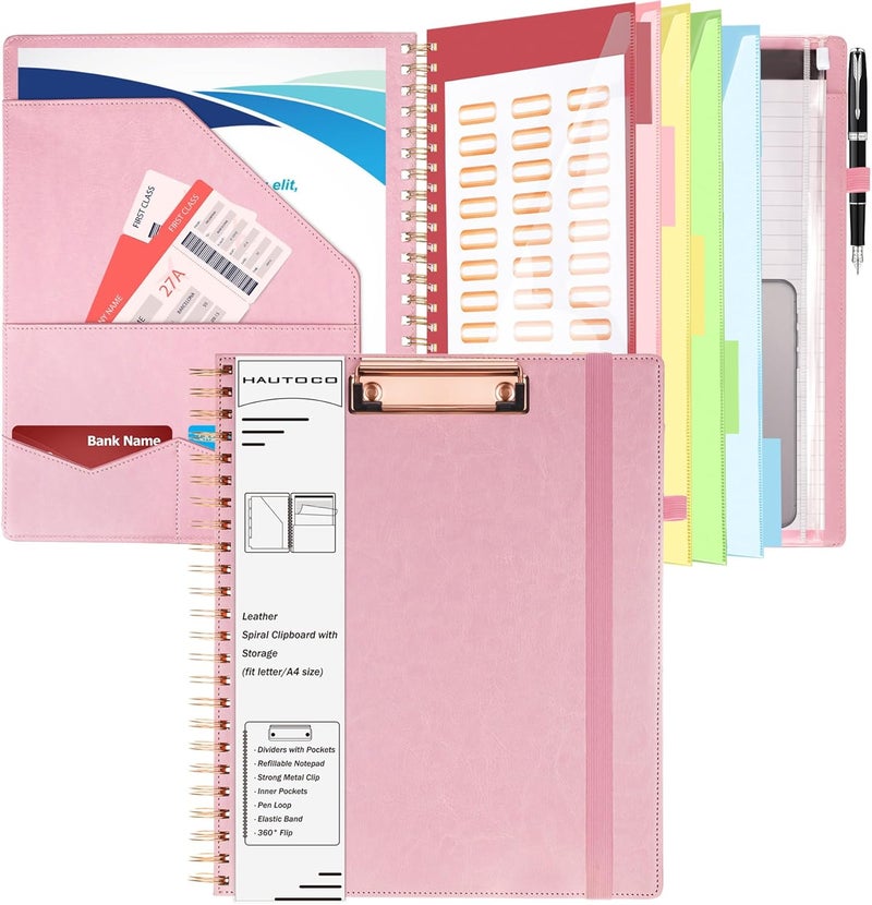 Hautoco Pink Spiral Clipboard with Storage Zipper Pouch, Portfolio Organizer with Clipboard Folio, 5 Divider Folders and 8.5"x 11" Refillable Notepad, Hardcover Padfolio for Work School Office Nurse - Image 1