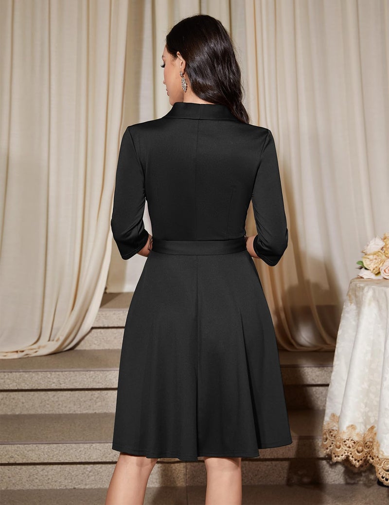 Bbonlinedress Women 1950s Retro Vintage Church Dress 3/4 Long Sleeve Modest A-Line Cocktail Swing Dress with Belt for Work Casual Party Black L - Image 2