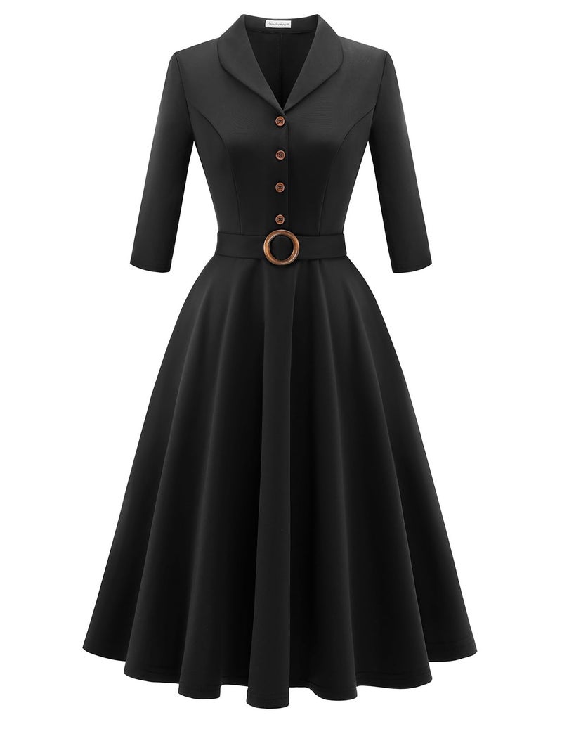 Bbonlinedress Women 1950s Retro Vintage Church Dress 3/4 Long Sleeve Modest A-Line Cocktail Swing Dress with Belt for Work Casual Party Black L - Image 1