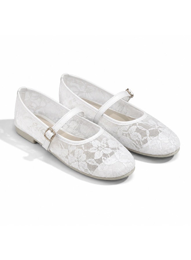 Women’s Ballet Flats, Ladies Mary Jane Lace Shoes, Sheer Floral Flat Shoes with Strap and Buckle, Lined Closed-Toe Ballerina Shoes – White – Code 5034 - Image 1