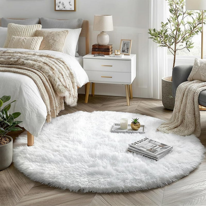 Amdrebio White Round Rug - Fluffy Circle Carpet for Bedroom, Kids, Teen's & Nursery Room - 4'X4' Fuzzy Plush Rug for Dorm & Baby's Room Decor - Image 1