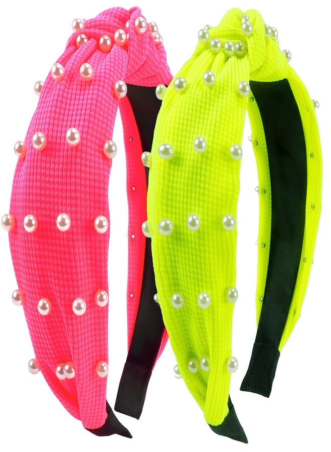 KICOSY 2pcs Neon Knotted Headbands with Pearl Decor, Neon Pink & Yellow Headbands for Women, 80s 90s Retro Hair Accessories for Glow Parties, Festivals & Daily Fashion - Image 1