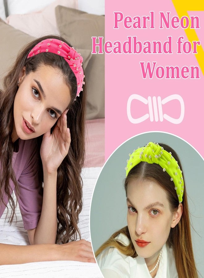 KICOSY 2pcs Neon Knotted Headbands with Pearl Decor, Neon Pink & Yellow Headbands for Women, 80s 90s Retro Hair Accessories for Glow Parties, Festivals & Daily Fashion - Image 2