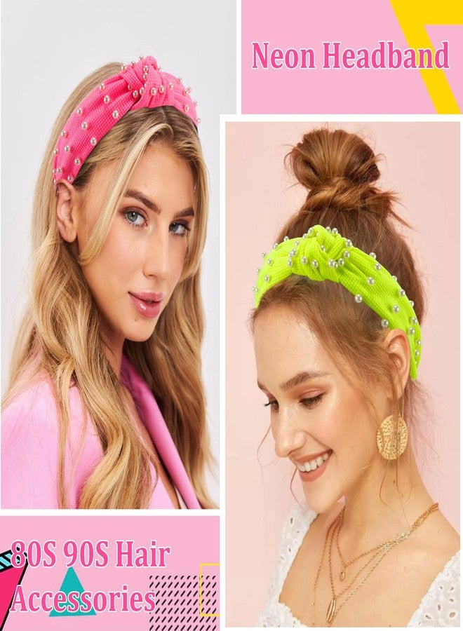 KICOSY 2pcs Neon Knotted Headbands with Pearl Decor, Neon Pink & Yellow Headbands for Women, 80s 90s Retro Hair Accessories for Glow Parties, Festivals & Daily Fashion - Image 3