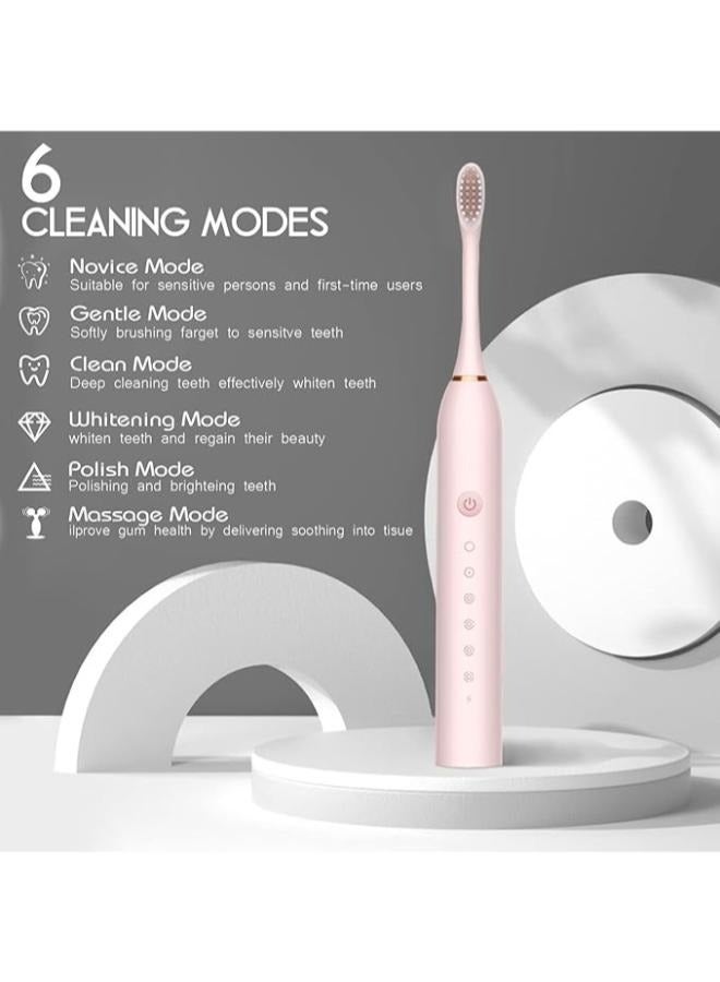 USB Rechargeable Ultrasonic Tooth Brush with 4 Brush Heads 6 Cleaning Modes and Smart Timer IPX7 Waterproof Cleaning Toothbrushes for Adults and Kids - Image 2