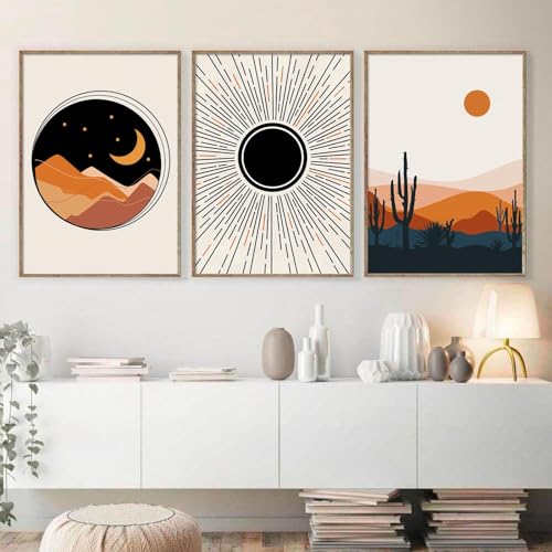 Ecyanlv Abstract Mid Century Poster Sun and Moon Canvas Painting Rainbows Modern Art Print Geometric Wall Art Picture for Living Room Bedroom Decor 16x24 Inchx3 Unframed - Image 2