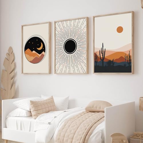 Ecyanlv Abstract Mid Century Poster Sun and Moon Canvas Painting Rainbows Modern Art Print Geometric Wall Art Picture for Living Room Bedroom Decor 16x24 Inchx3 Unframed - Image 1