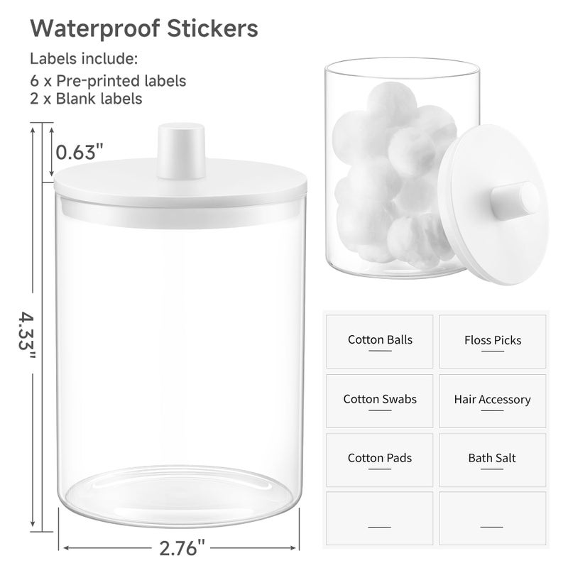 TIPGO Glass Qtip Holder Dispenser for Bathroom - 10 oz Clear Canister Apothecary Jar for Cotton Swabs, Balls, Pads, Floss Picks, Small Containers for Makeup Storage Organizer (2 Pack, White) - Image 3