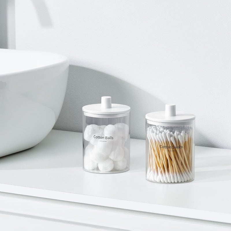 TIPGO Glass Qtip Holder Dispenser for Bathroom - 10 oz Clear Canister Apothecary Jar for Cotton Swabs, Balls, Pads, Floss Picks, Small Containers for Makeup Storage Organizer (2 Pack, White) - Image 2