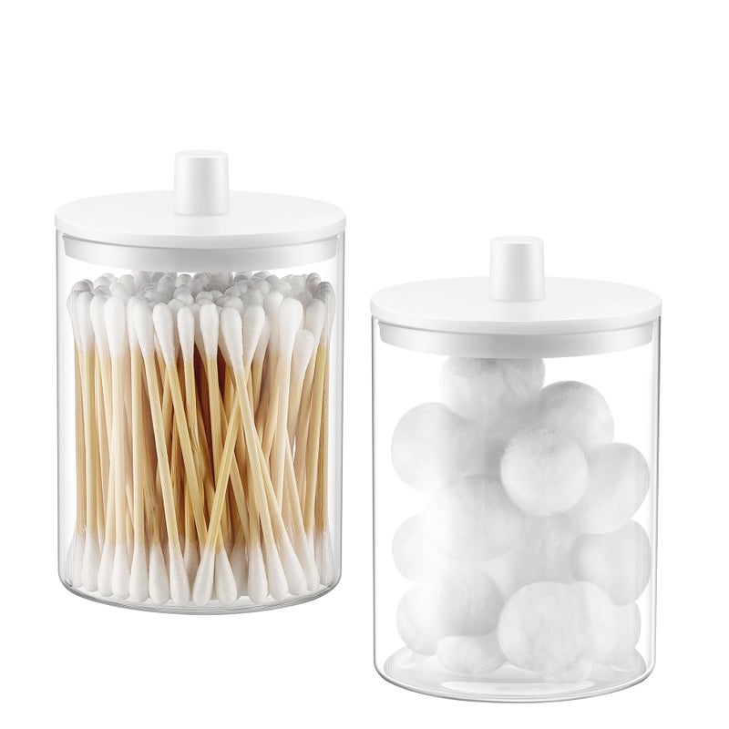 TIPGO Glass Qtip Holder Dispenser for Bathroom - 10 oz Clear Canister Apothecary Jar for Cotton Swabs, Balls, Pads, Floss Picks, Small Containers for Makeup Storage Organizer (2 Pack, White) - Image 1
