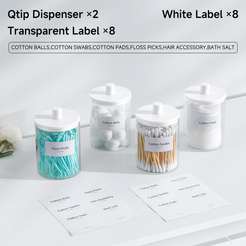 TIPGO Glass Qtip Holder Dispenser for Bathroom - 10 oz Clear Canister Apothecary Jar for Cotton Swabs, Balls, Pads, Floss Picks, Small Containers for Makeup Storage Organizer (2 Pack, White) - Image 4