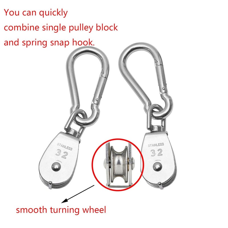 Cadbibe 2Pcs 304 Stainless Steel M32 Single Pulley Block, Wire Rope Hanging Wire Towing Wheel, with 2Pcs Spring Snap Hook - Image 2