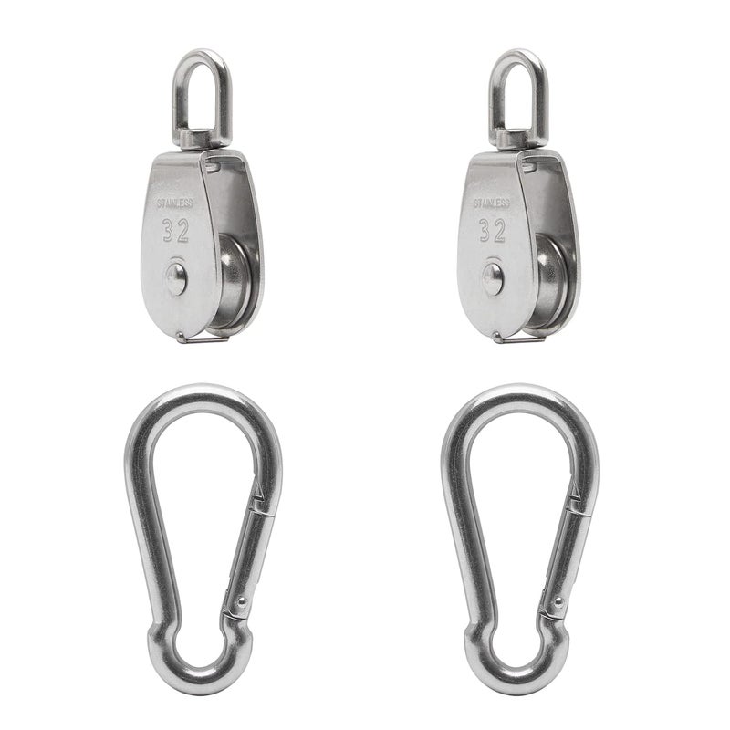 Cadbibe 2Pcs 304 Stainless Steel M32 Single Pulley Block, Wire Rope Hanging Wire Towing Wheel, with 2Pcs Spring Snap Hook - Image 1