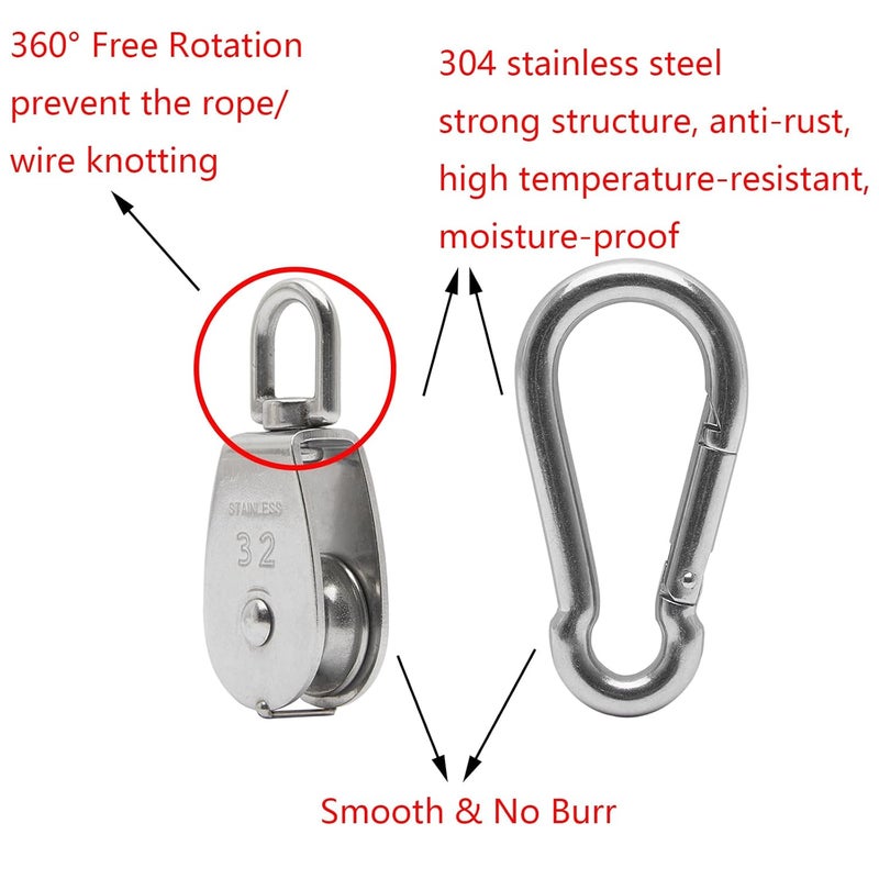 Cadbibe 2Pcs 304 Stainless Steel M32 Single Pulley Block, Wire Rope Hanging Wire Towing Wheel, with 2Pcs Spring Snap Hook - Image 3