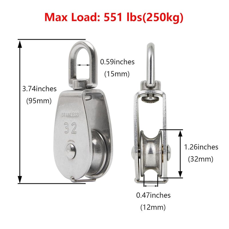 Cadbibe 2Pcs 304 Stainless Steel M32 Single Pulley Block, Wire Rope Hanging Wire Towing Wheel, with 2Pcs Spring Snap Hook - Image 4
