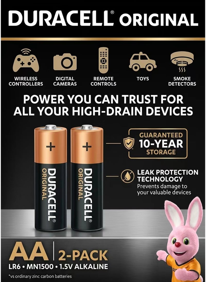 Duracell 2 Pack Duracell AA Alkaline Batteries, 1.5V LR6 MN1500, Long-Lasting Power, Leak-Resistant Batteries for Toys, Remote Controls, Clocks & Household Devices - Image 2