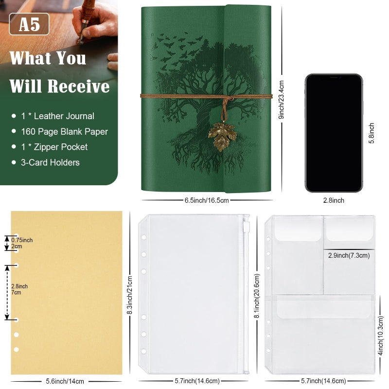 OMEYA Leather Journal Notebook, Travel Journal with 2 Pockets, Vintage Refillable Journal for Writing, Diary Journal for Women, Men, Girls and Boys, 100GSM Blank Paper, 160 Pages (Green A5 9.2" x 6.5") - Image 2