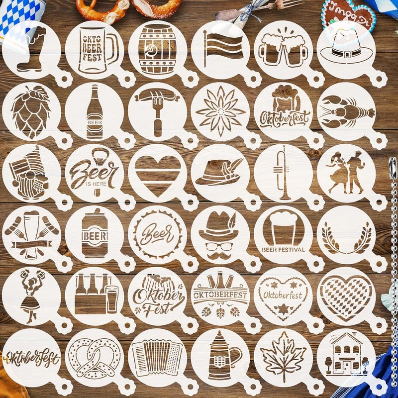 JULBEAR 36 Pieces Reusable Oktoberfest Cookie Cake Stencils Beer Stencils Bavarian Style Templates Mold Tools for Oktoberfest Party Cookies Baking Painting Coffee Decoration - Image 1