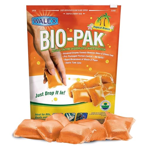 Walex Bio-Pak Black Holding Tank Deodorizer & Waste Digester Drop-Ins - Advanced Enzyme Formula for Rapid Breakdown of Waste & Paper, Removes Odors & Cleans Tank; Tropical Breeze, 10-Pack - Image 1